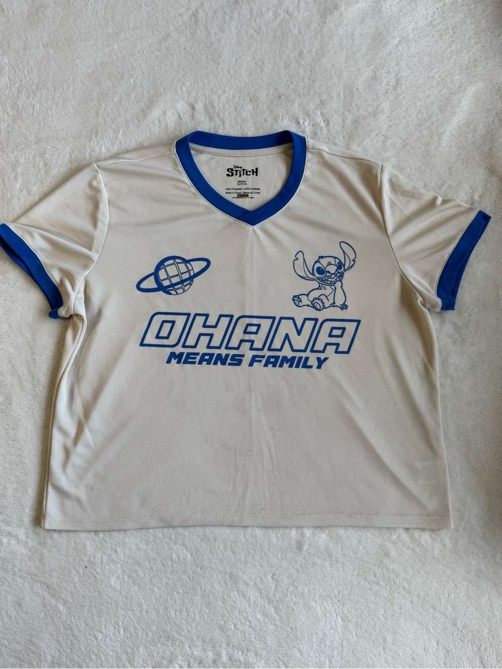 Disney Stitch Ohana Means Family Ringer Tee Shirt Cream Blue XL 16-18